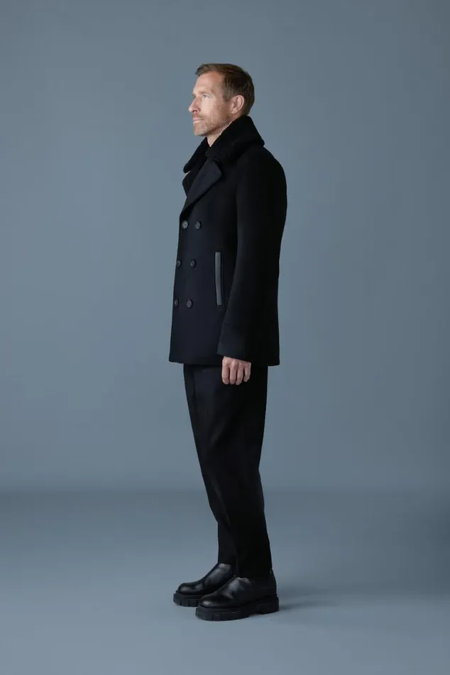 Wool Coats Men Mackage COLE Wool Doublebreasted Jacket With Shearling Collar Navy Wool Coats Men Mackage COLE Wool Doublebreasted Jacket With Shearling Collar Navy
