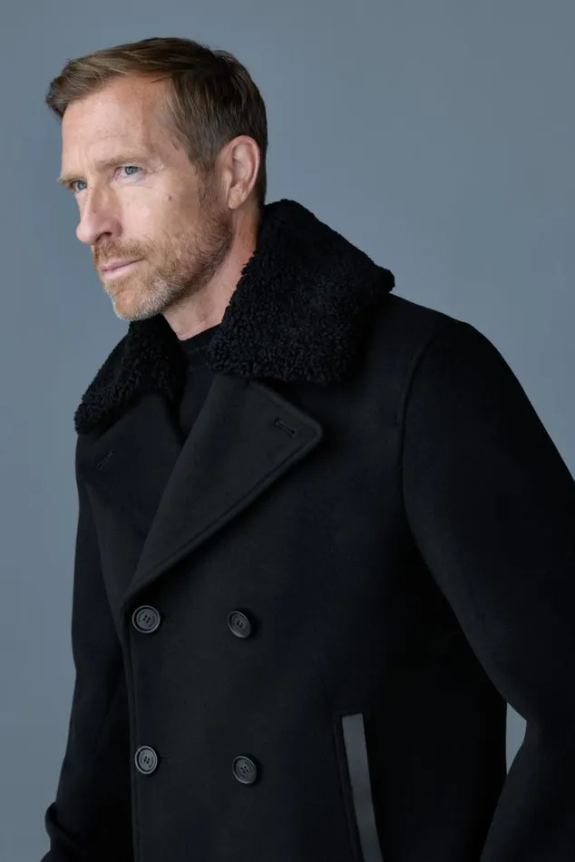 Wool Coats Men Mackage COLE Wool Doublebreasted Jacket With Shearling Collar Navy Wool Coats Men Mackage COLE Wool Doublebreasted Jacket With Shearling Collar Navy