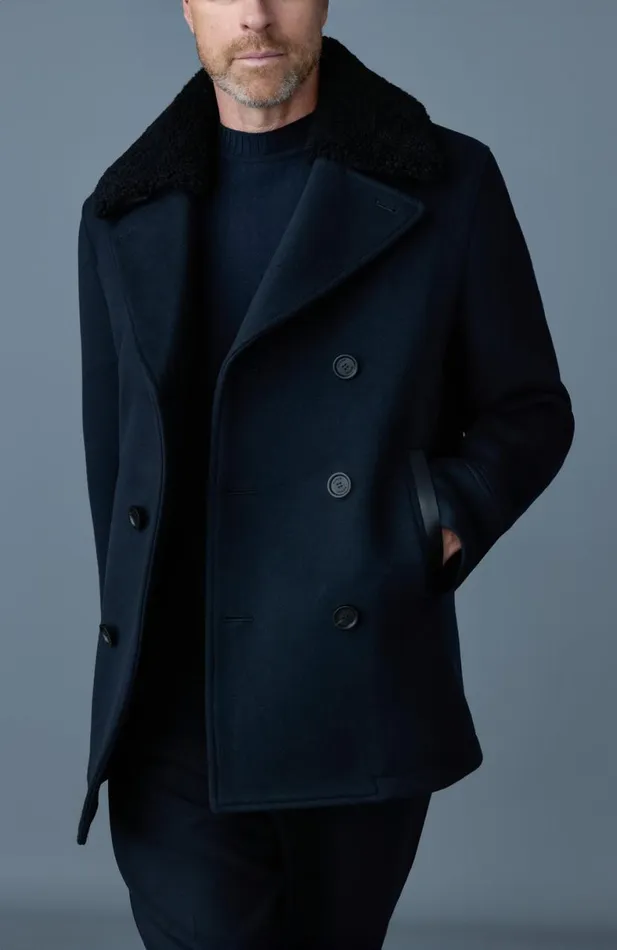 Wool Coats Men Mackage COLE Wool Doublebreasted Jacket With Shearling Collar Navy Wool Coats Men Mackage COLE Wool Doublebreasted Jacket With Shearling Collar Navy