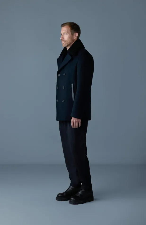 Wool Coats Men Mackage COLE Wool Doublebreasted Jacket With Shearling Collar Navy Wool Coats Men Mackage COLE Wool Doublebreasted Jacket With Shearling Collar Navy