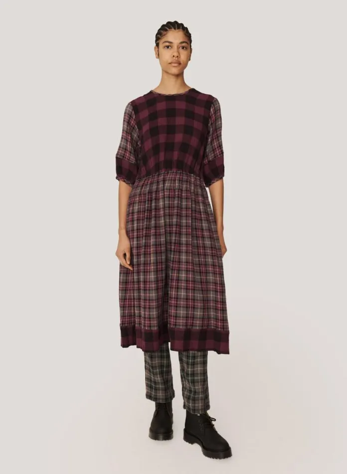 YMC Garden Check Dress Burgundy Multi Womens Dresses