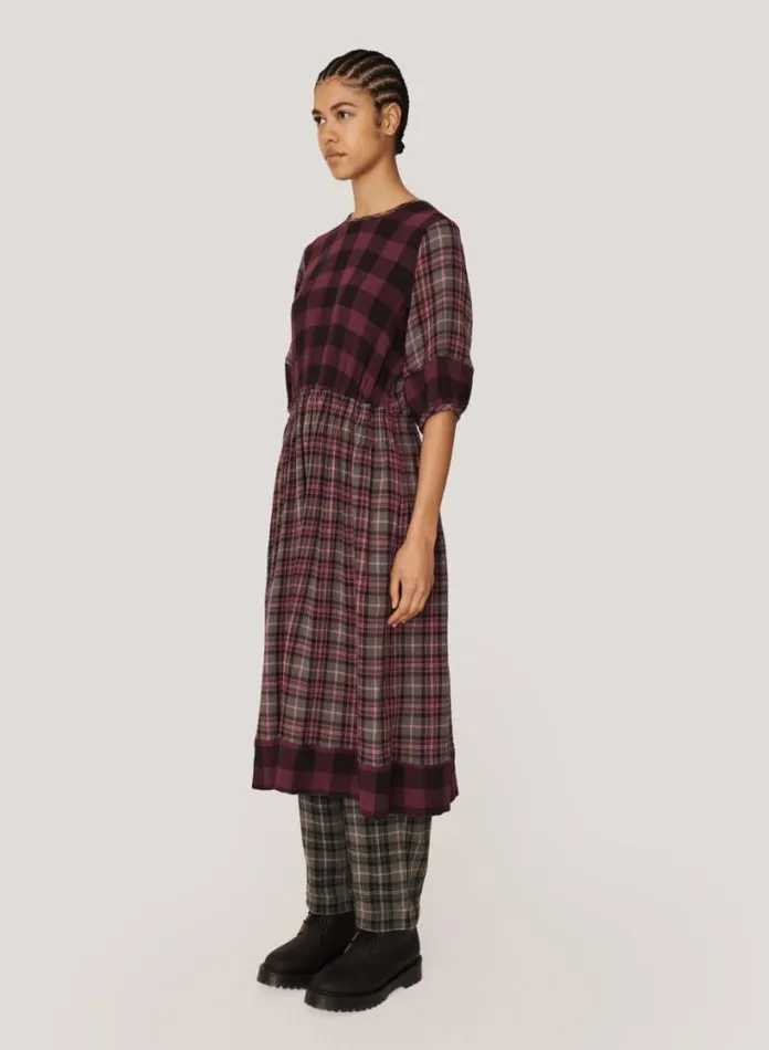 YMC Garden Check Dress Burgundy Multi Womens Dresses