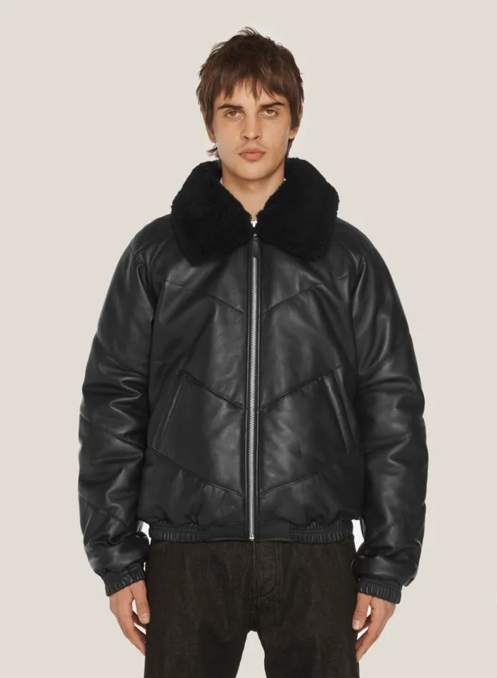 YMC Kool Herc Wadded Leather Jacket Black Mens Outerwear