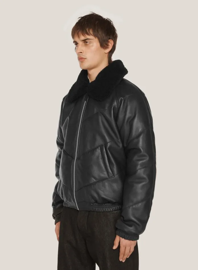 YMC Kool Herc Wadded Leather Jacket Black Mens Outerwear