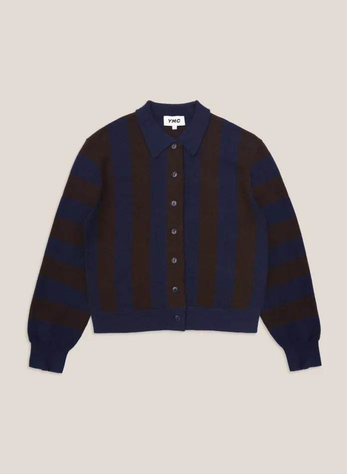 YMC Rat Pack Stripe Pique Wool Cardigan Blue Brown Womens Knitwear