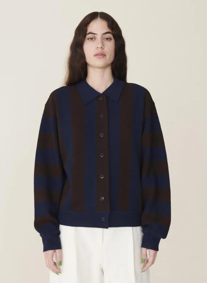 YMC Rat Pack Stripe Pique Wool Cardigan Blue Brown Womens Knitwear