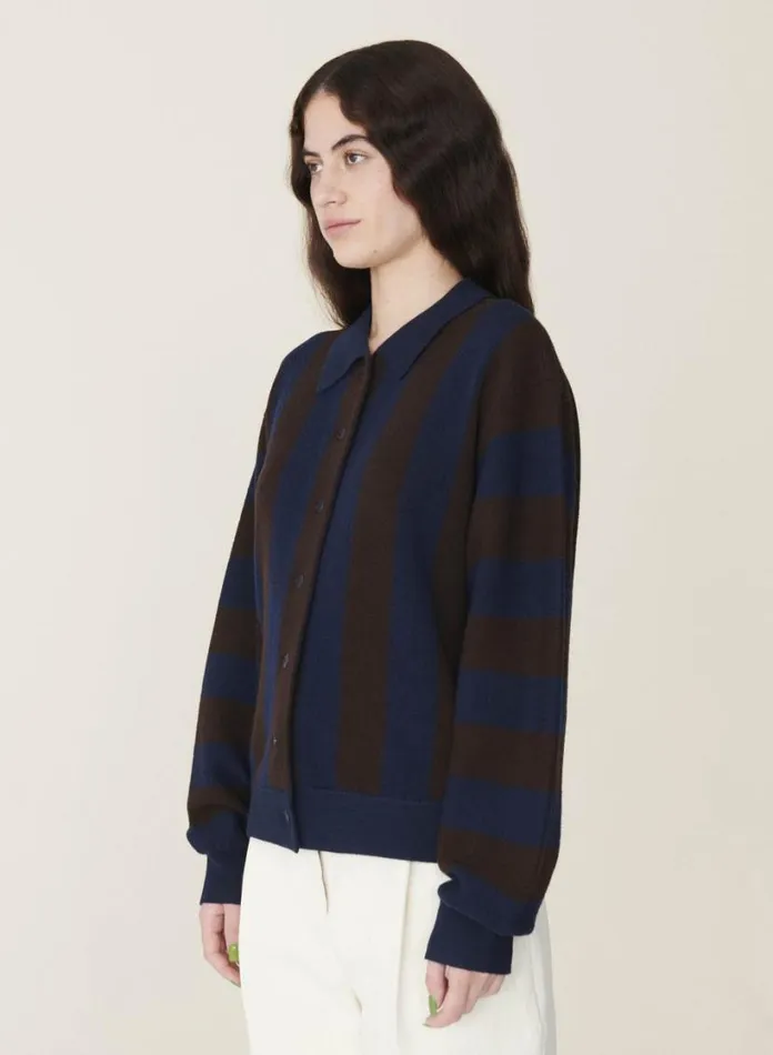 YMC Rat Pack Stripe Pique Wool Cardigan Blue Brown Womens Knitwear
