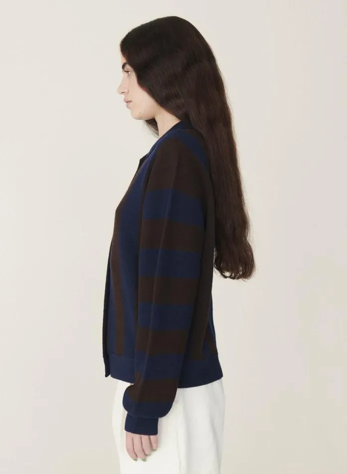 YMC Rat Pack Stripe Pique Wool Cardigan Blue Brown Womens Knitwear