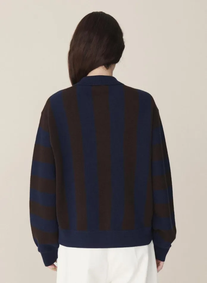 YMC Rat Pack Stripe Pique Wool Cardigan Blue Brown Womens Knitwear