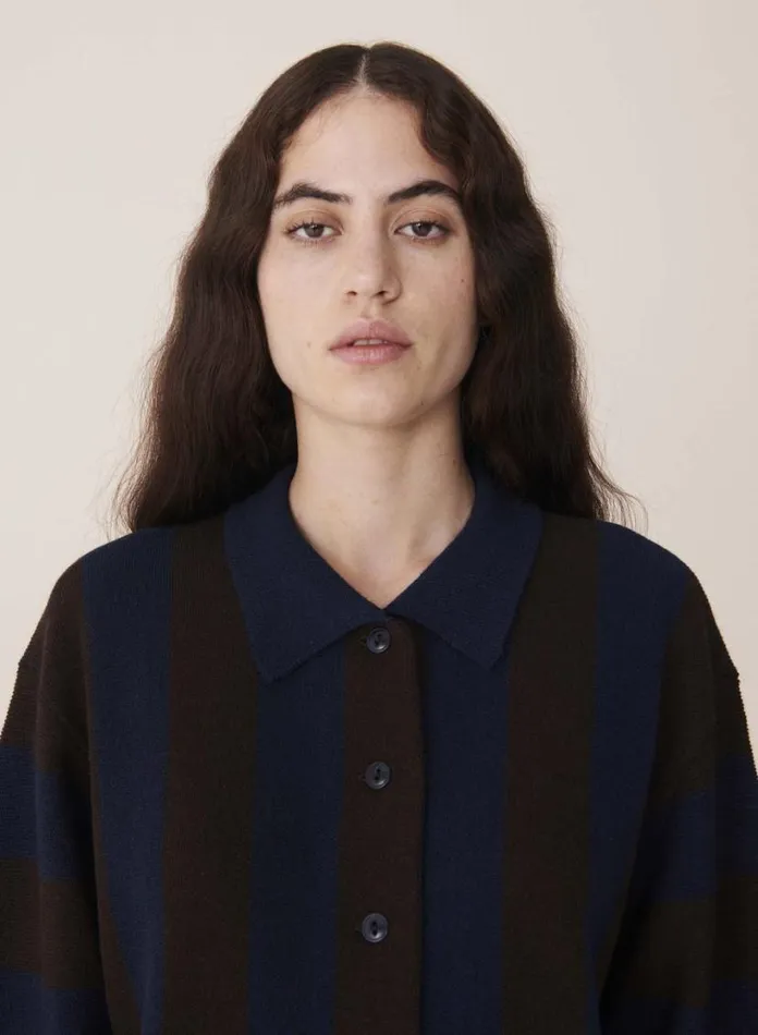 YMC Rat Pack Stripe Pique Wool Cardigan Blue Brown Womens Knitwear