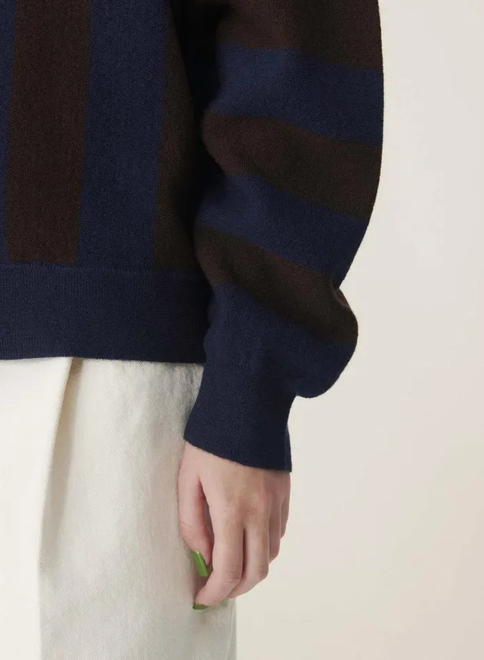 YMC Rat Pack Stripe Pique Wool Cardigan Blue Brown Womens Knitwear